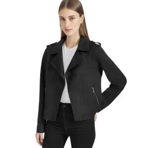Bagatelle Collection Women’s Black Moto Drape Front Jacket Faux Suede